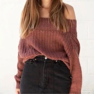 Miracle Off-the-Shoulder Chunky Knit Sweater in Rusty Mauve